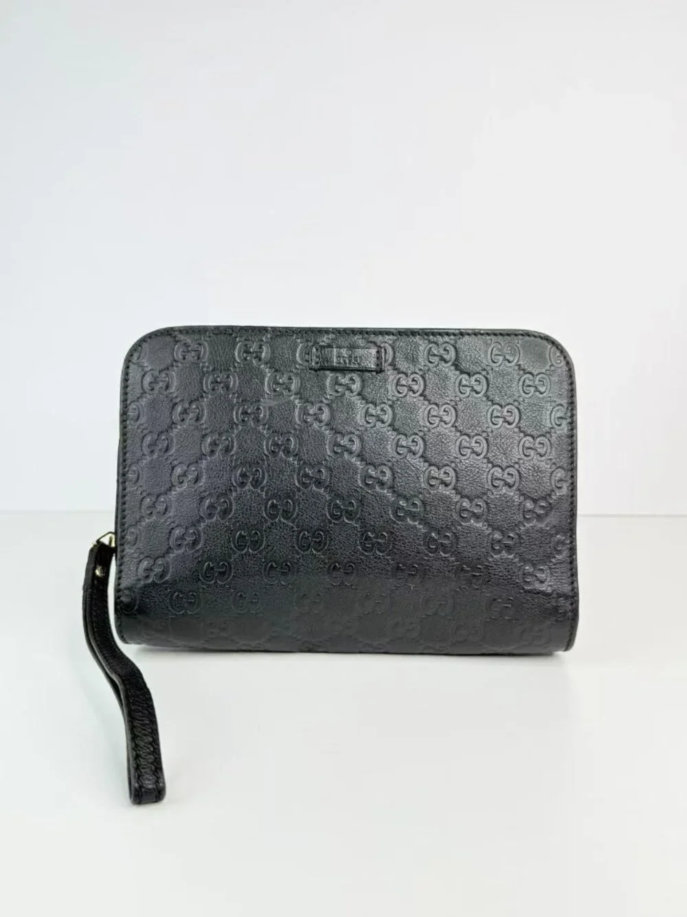 Gucci Signature Black Leather Zip Clutch Travel Organizer Wristlet